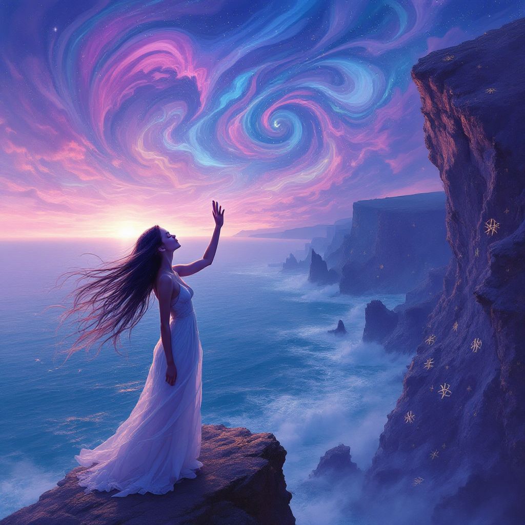 A woman in a flowing white dress stands on a cliff, reaching towards a swirling, colorful sky as the sun sets over the ocean, embodying the quote: Every ending is just a new beginning waiting to unfold.