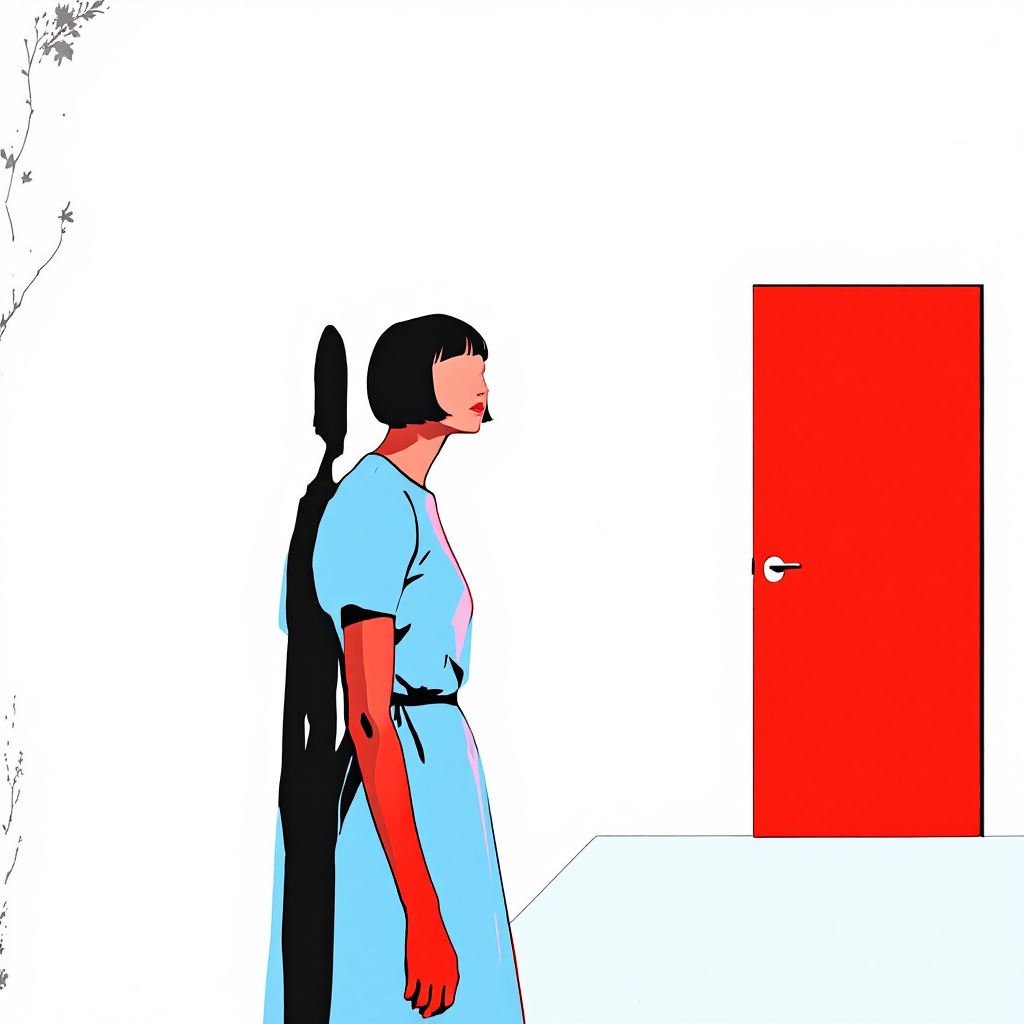 A woman stands in a minimalist space, gazing at a vibrant red door, symbolizing the introspection of identity and the validation of existence through others' recognition.