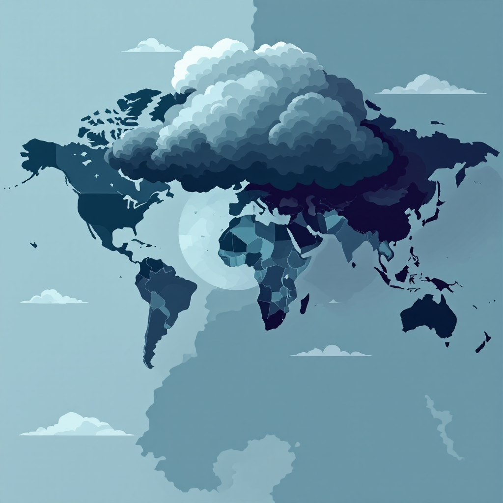 A stylized world map emerging from dark clouds, reflecting the book's theme of peril and dark places, with shadowy areas indicating regions of uncertainty and danger.