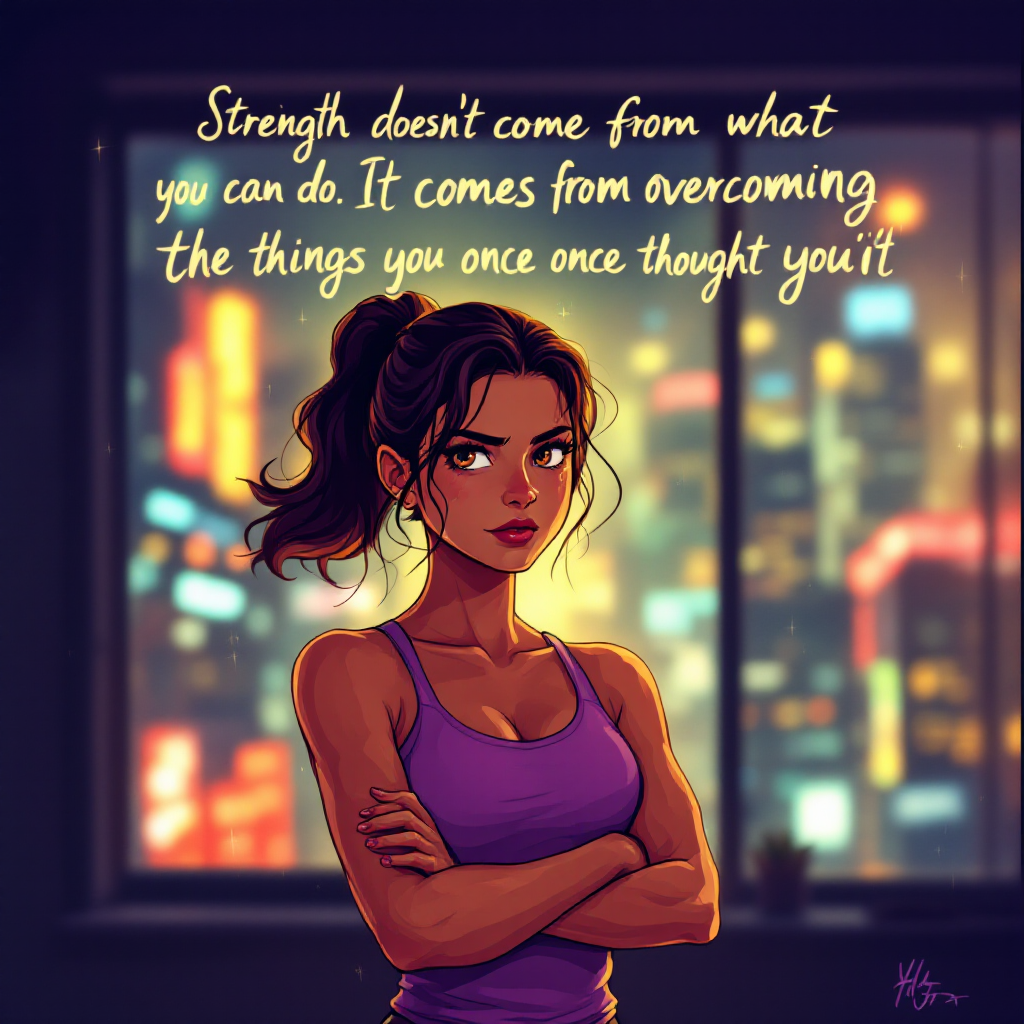 An illustrated woman in a purple tank top stands confidently with arms crossed, gazing out at a vibrant cityscape, accompanied by a motivating quote about strength and resilience.