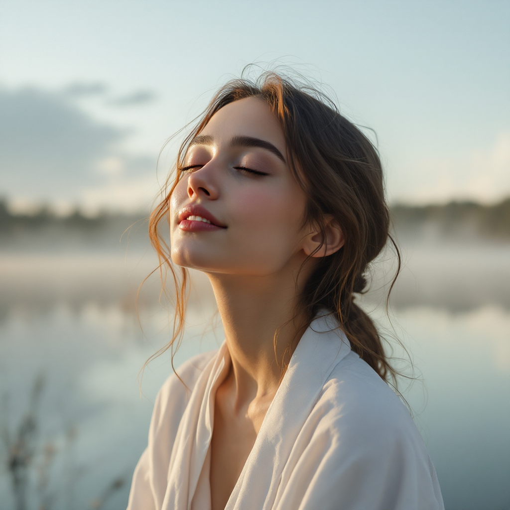 A serene woman with softly flowing hair stands by a misty lake, her eyes closed, embodying resilience and the notion of rising above past mistakes.