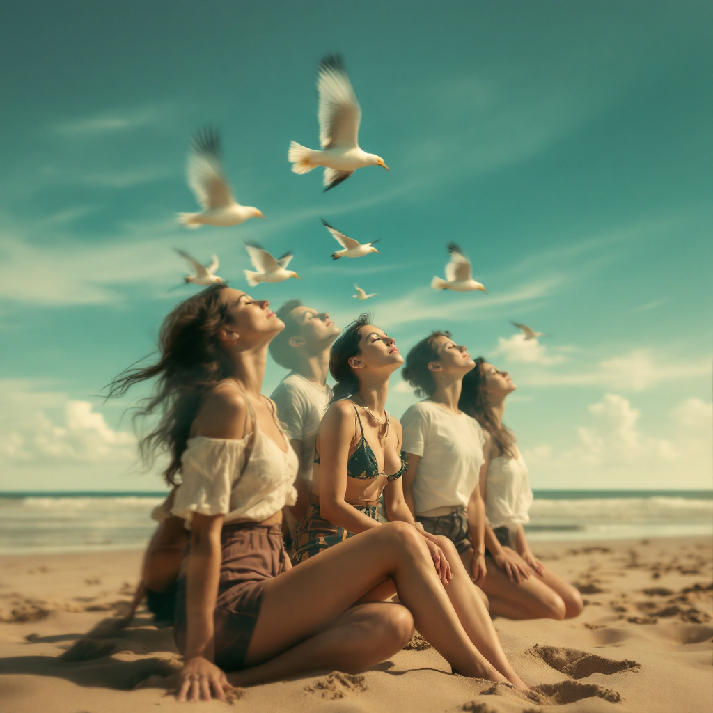 Five women sit on a sandy beach, gazing upwards as seagulls soar above them, embodying the moment of anticipation described in the quote about gathering and waiting to fly.