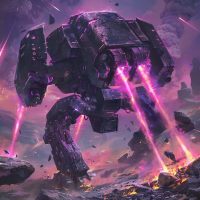 A colossal, armored machine with a wedge-shaped head rises from debris on columns of violet flame. Cannon barrels and smaller guns project from its head, and force fields shimmer around it.