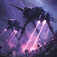 Armored rectangular machines with blunt, wedge-shaped heads and protruding cannon barrels rise from debris on columns of violet flame. Stumpy legs tucked to their flanks, shimmering with force fields.