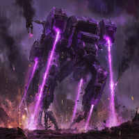 An image of metallic, rectangular armored creatures with wedge-shaped heads and cannon barrels instead of eyes. Violet flames rise from their legs as they ascend, emitting force fields in a smoky, chaotic setting.