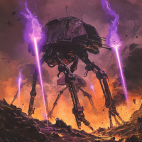 Armored rectangular machines, resembling dinosaurs with wedge-shaped heads, rise from debris on violet flames. Cannon barrels jut from their eyes and smaller guns serve as mandibles, with force fields shimmering around them.
