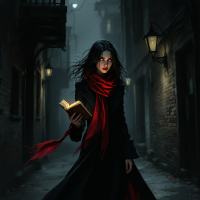 A mysterious figure in a dark alley holds a glowing book, wearing a long black coat and a red scarf, embodying the power of an idea that cannot be extinguished.