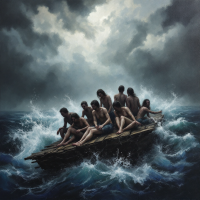 A group of people navigates a small raft amidst turbulent waves under a stormy sky, embodying the quote about shared existence and facing life's challenges together.