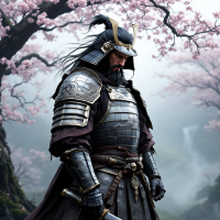 A armored warrior stands in contemplation beneath cherry blossom trees, embodying the wisdom of knowing when to fight and when to retreat.