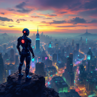 A futuristic humanoid figure stands on a rocky ledge, overlooking a vibrant, sprawling cityscape at sunset, embodying the theme of self-interest over loyalty.