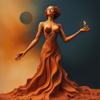 A sculptural figure of a woman, elegantly standing with flowing waves, holds a small leaf in one hand against a dramatic background of warm tones and a dark sphere, embodying resilience and strength.