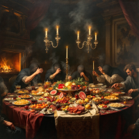 A dimly lit banquet table laden with extravagant dishes, surrounded by shadowy figures, evokes the idea of indulgence and excess. The atmosphere suggests a celebration of gluttony.