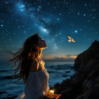 A woman gazes pensively at a starry sky, holding a glowing flower, as a bird flies above the ocean, embodying the quote about dreams guiding one’s purpose.