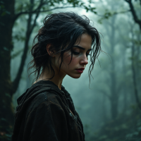 A young woman stands in a misty forest, her expression contemplative and brave, embodying the quote about finding courage even in fear.