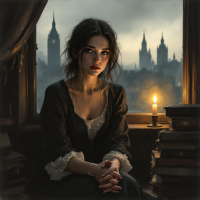 A contemplative young woman sits by a window, candles flickering, gazing out at a moody skyline, embodying the weight of her choices and the depth of her existence.