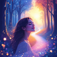 A serene, ethereal scene of a woman with flowing hair, illuminated by a golden sunrise, standing on a winding path through a magical forest, embodying the essence of shared journeys.