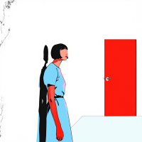 A woman stands in a minimalist space, gazing at a vibrant red door, symbolizing the introspection of identity and the validation of existence through others' recognition.