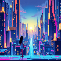 A silhouetted figure stands on a futuristic city rooftop, gazing at a vibrant skyline bathed in sunset hues, embodying the idea of shaping an uncertain future with every choice.