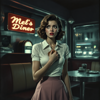 A distressed woman stands in a vintage diner, her expression reflecting confusion and fear, embodying the quote about forgotten identities and lost memories.