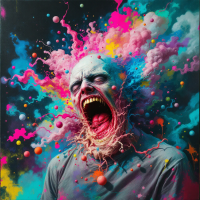 A vivid, surreal portrait of a person screaming, surrounded by explosive bursts of colorful paint and swirling clouds, capturing intense emotion and chaos, reflecting the quote's sentiment.