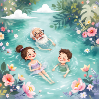 A whimsical scene depicting a girl, a boy, and an elderly man floating serenely in a turquoise pool surrounded by vibrant flowers and lush greenery, inspired by the quote, They all float.