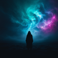 A silhouetted figure stands in a cosmic landscape, surrounded by swirling blue and purple clouds. The quote, Betrayal is the mark of man, but what is life without betrayal? overlays the scene.