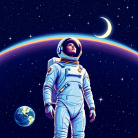 An astronaut gazes thoughtfully at Earth, beneath a crescent moon and a vibrant rainbow arc, embodying the spirit of exploration and humanity's quest among the stars.