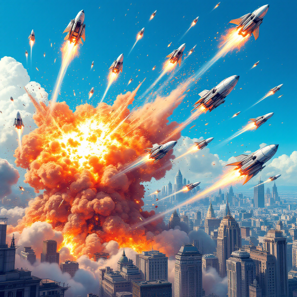 A dramatic scene of missiles exploding over a city, with vibrant orange flames and smoke contrasting against a clear blue sky, depicting intense conflict and chaos.