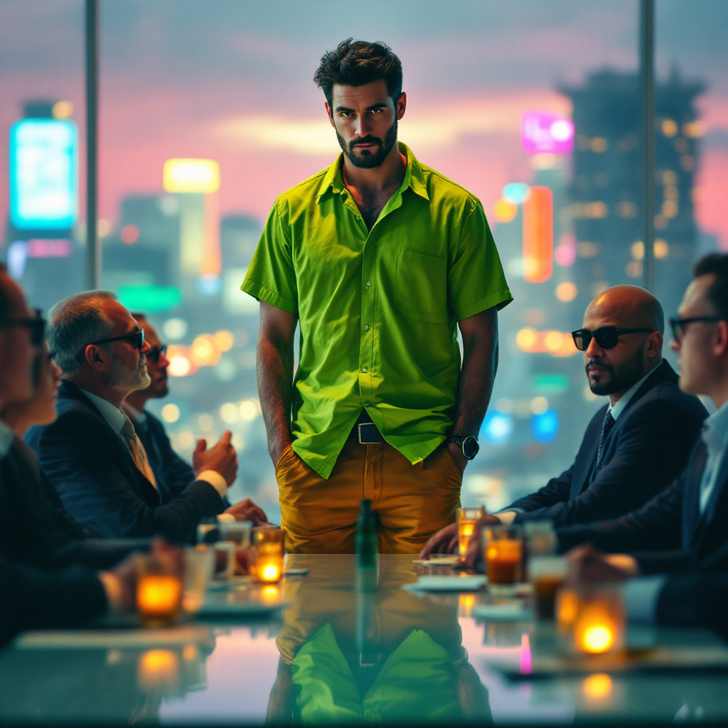 A man in a bright lime-green shirt and ochre climbing trousers stands confidently at a boardroom table, surrounded by suits, under a vibrant city skyline at dusk.