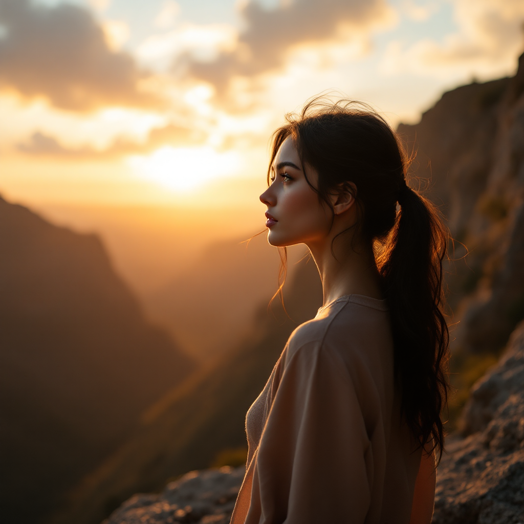 A woman stands on a mountain ledge at sunset, gazing thoughtfully into the distance, embodying the essence of pursuing dreams amidst nature's beauty.