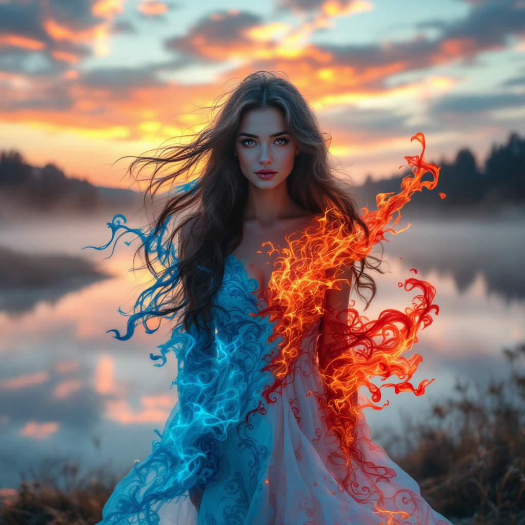 A young woman stands by a serene lake at sunset, embodying flames of orange and blue energy swirling around her, symbolizing the balance of systems and goals.