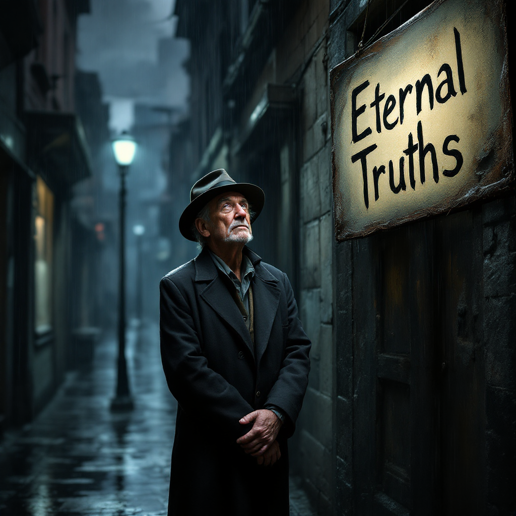 An elderly man stands in a dark, rainy alley, gazing at a sign reading Eternal Truths, reflecting the somber quote about life's meaning and the tragedy of unfulfilled existence.