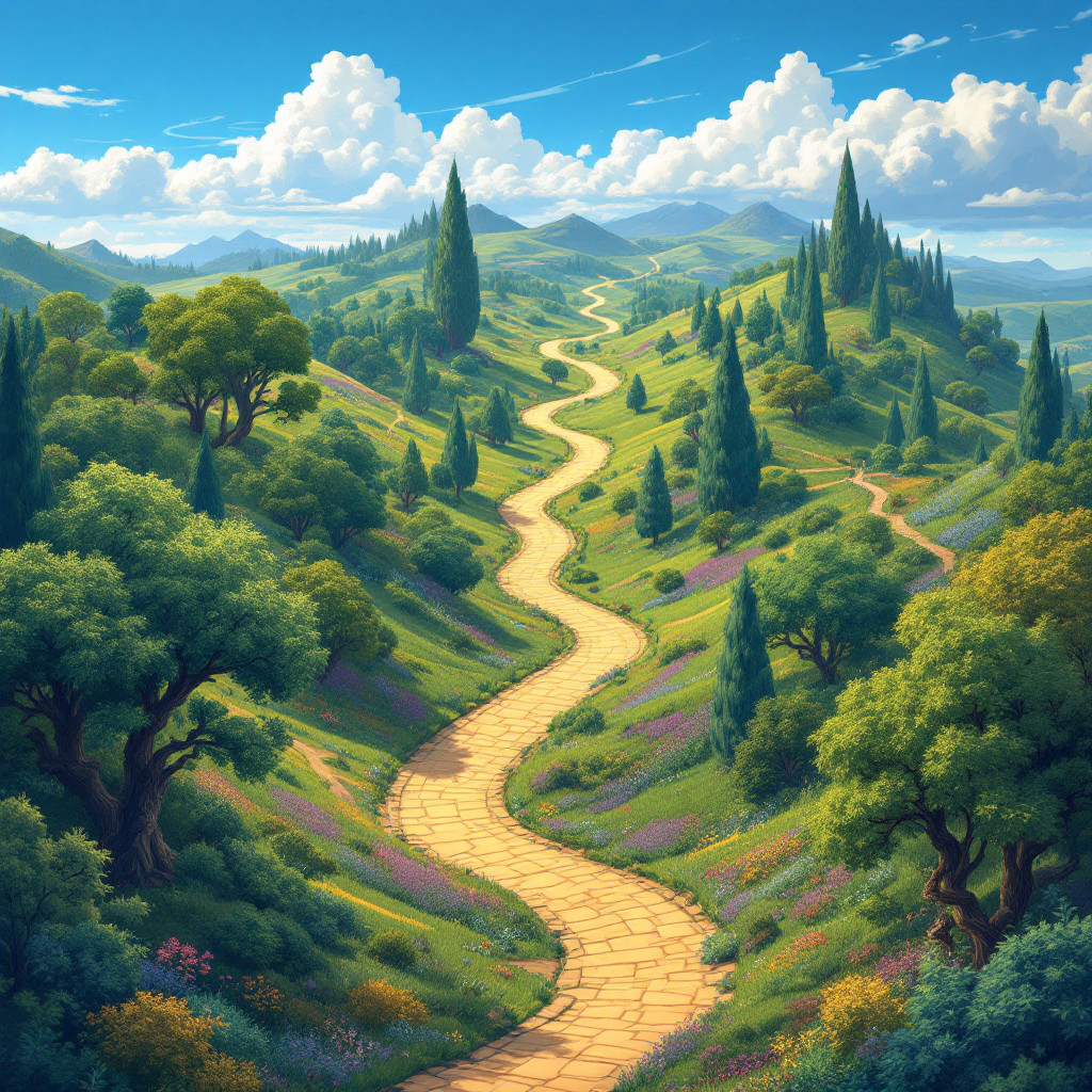 A winding golden path stretches through lush green hills adorned with trees and vibrant flowers, under a blue sky filled with fluffy clouds, evoking the journey to a vast world.