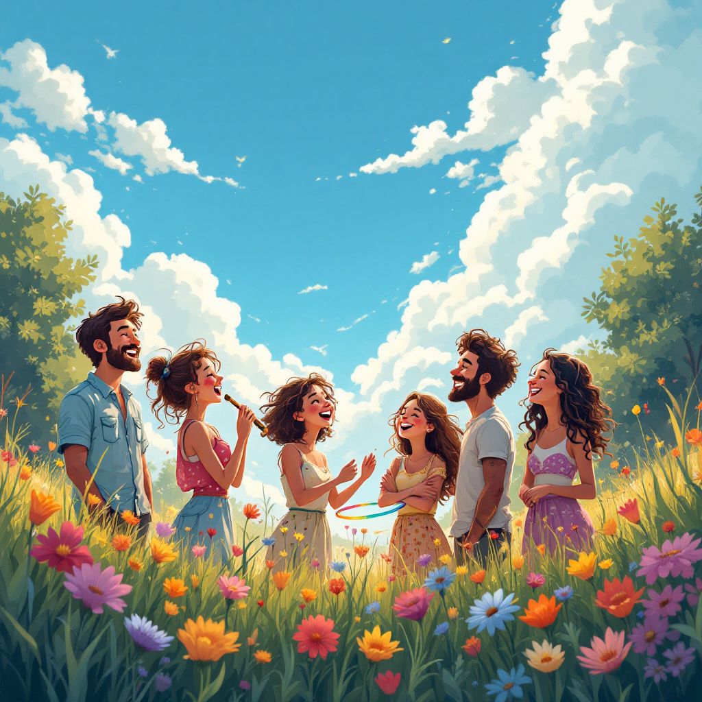 A joyful gathering of six friends in a vibrant flower field, laughing and singing under a bright blue sky, embodying the spirit of the quote about merriment and lightheartedness.