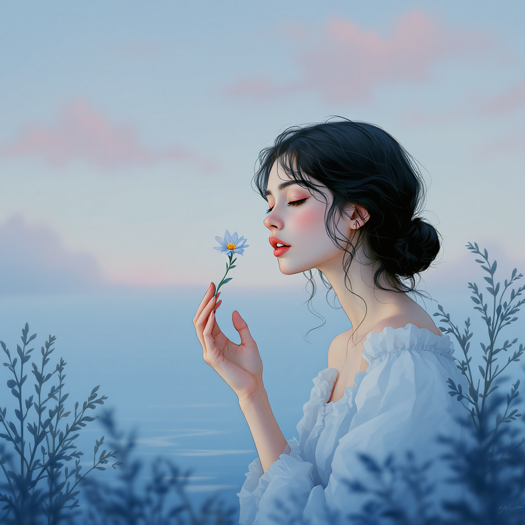 A serene woman in a soft white dress holds a delicate flower, gazing thoughtfully into the distance, embodying the nuance of wanting versus needing someone.