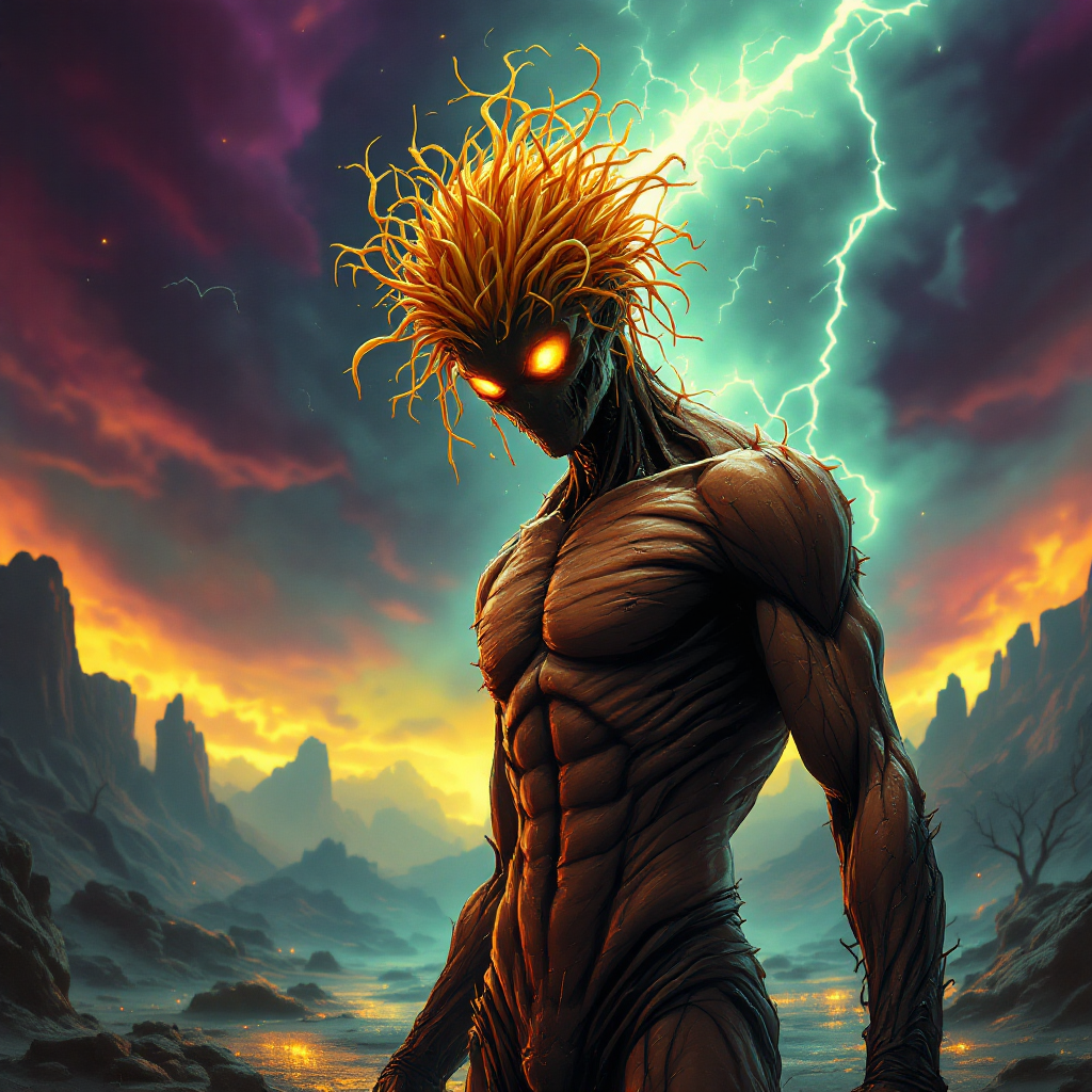 A powerful figure with an organic, plant-like head stands against a dramatic sunset, embodying the concept of what you eat is what you are with an intense, elemental presence.