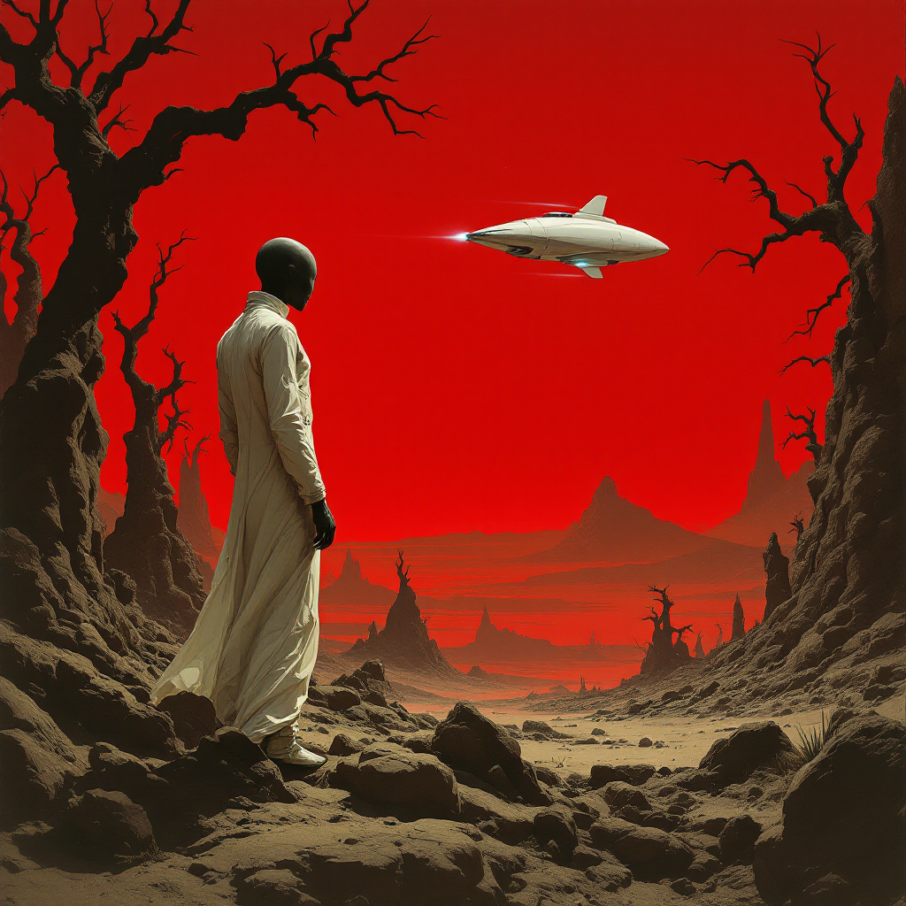 A figure in a flowing white robe stands amid a desolate landscape with red skies and barren trees, gazing at a futuristic spacecraft overhead, embodying the idea of sacrifice for desires.