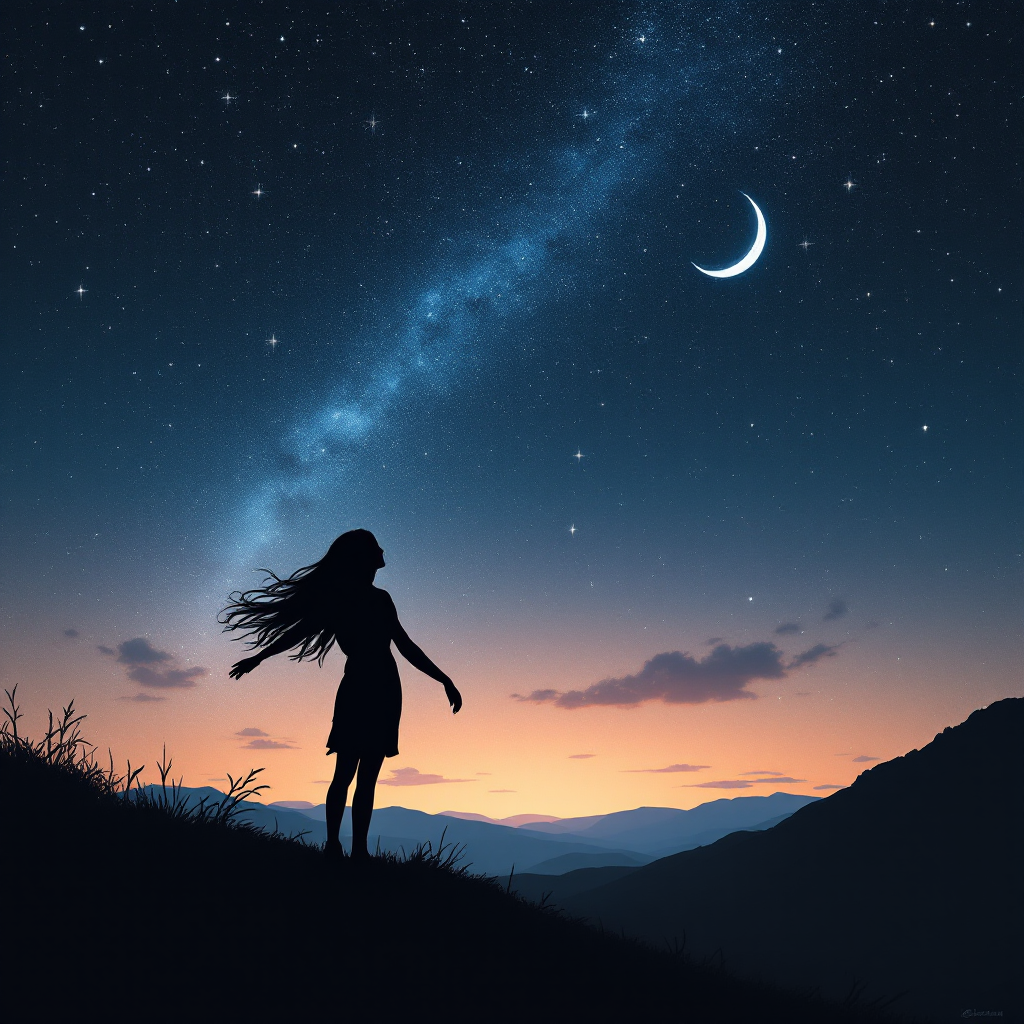 A silhouette of a woman stands on a hill against a starry night sky, with a crescent moon and vibrant colors at dusk, reflecting on the theme of regrets and missed opportunities.