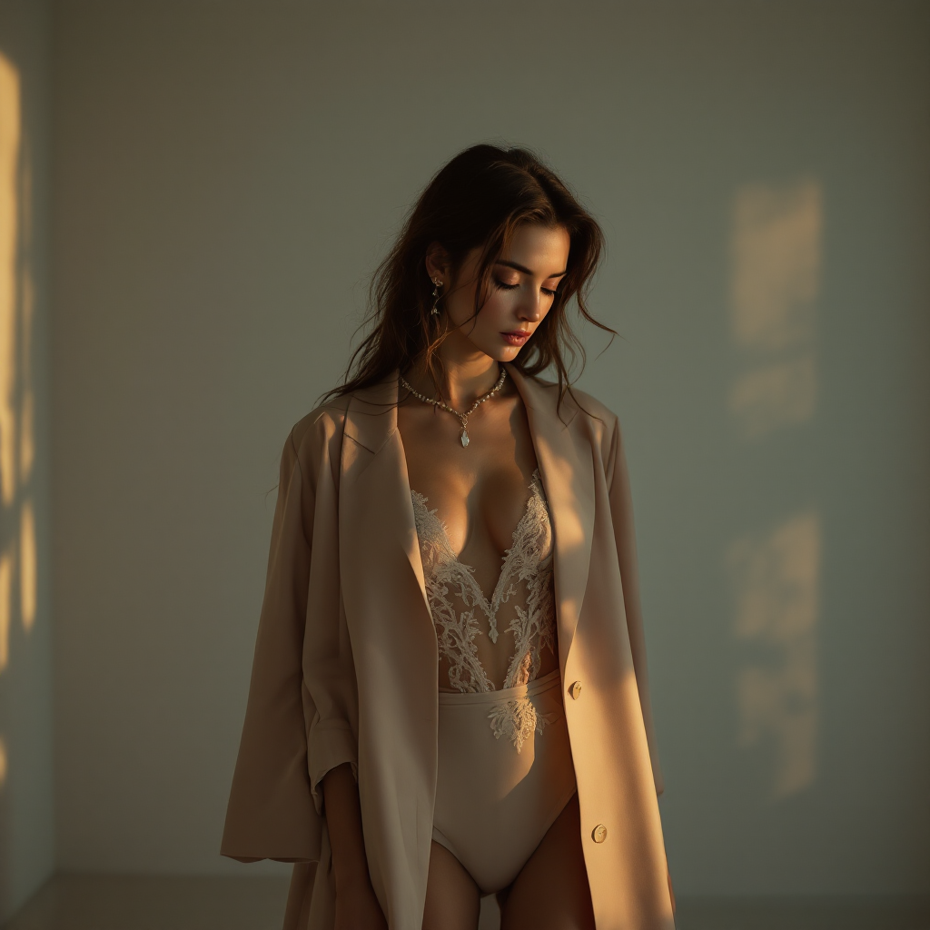 A contemplative woman stands in soft sunlight, wearing a nude swimsuit and a beige coat, embodying the nuance and journey of healing from trauma as a process.