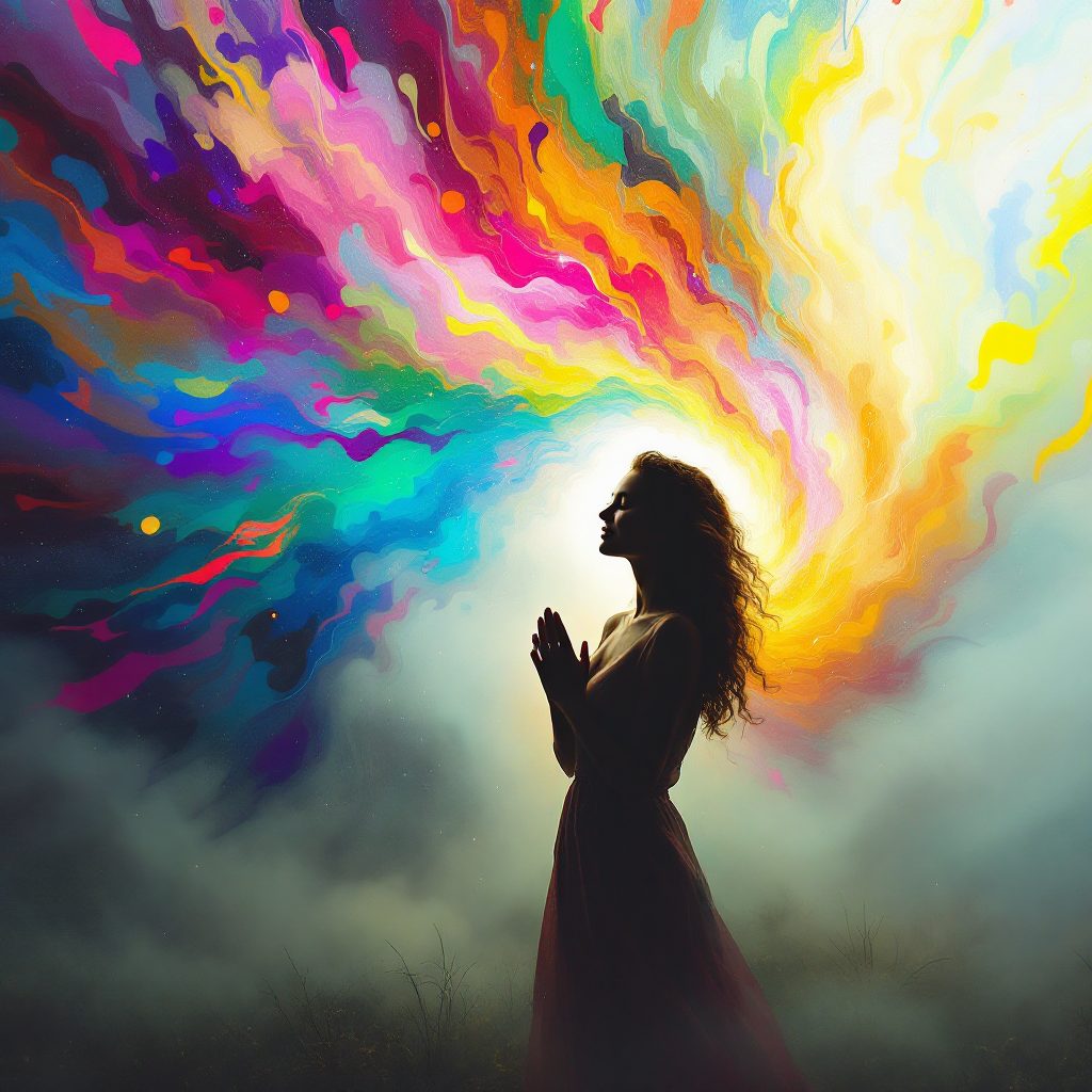 A silhouette of a woman with her hands clasped in prayer, surrounded by a vibrant swirl of colorful light, symbolizing the transformative power of self-forgiveness.