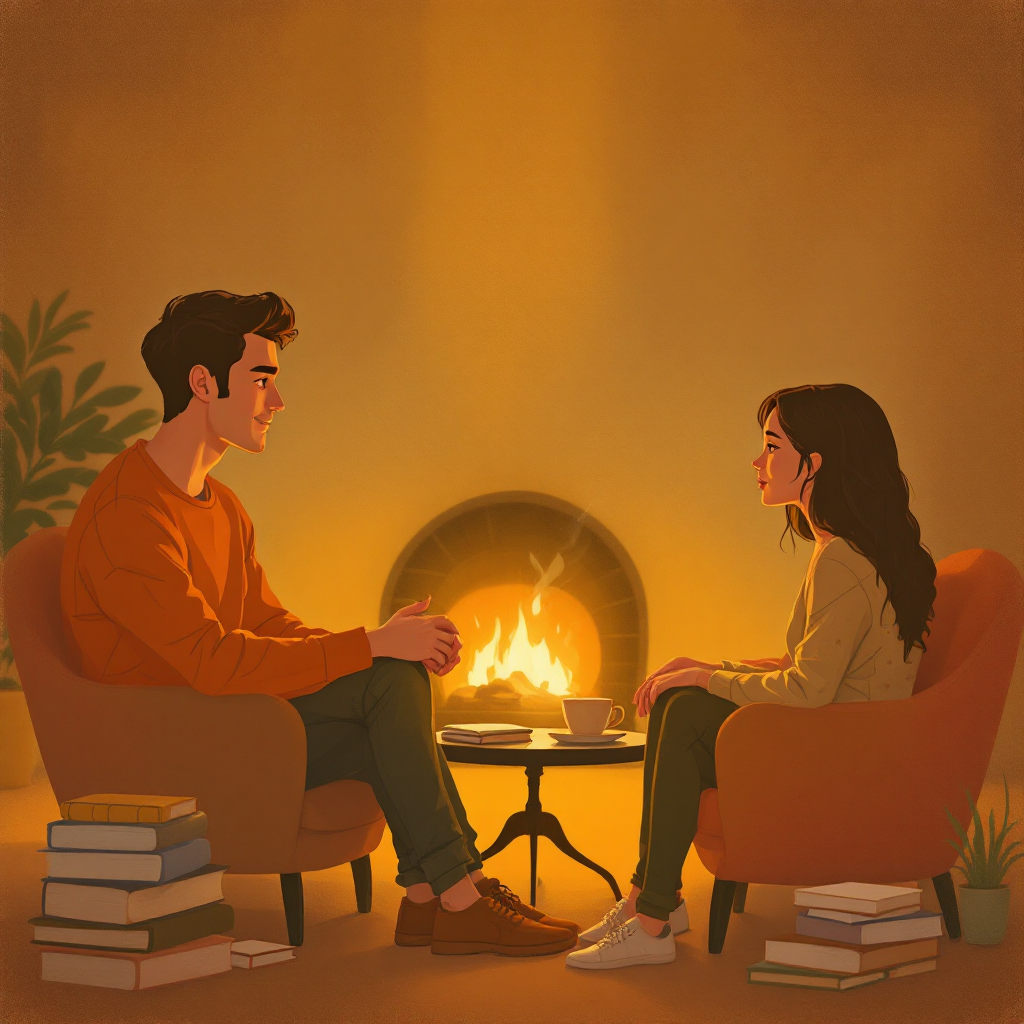 A warm, cozy scene features a man and woman seated across from each other by a glowing fire, surrounded by books, engaged in a deep conversation about their desires and compatibility.