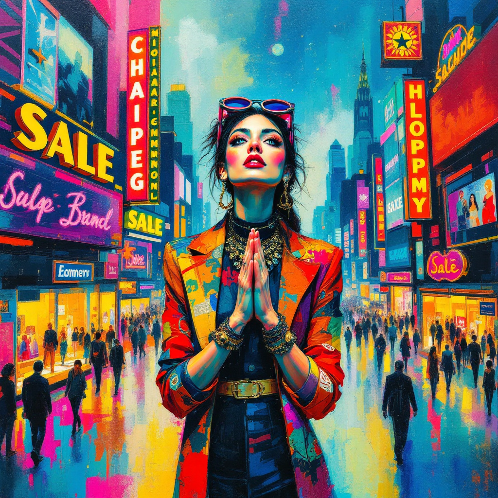 A vibrant city scene filled with colorful sale signs, featuring a stylish woman with sunglasses, expressing a playful desire for shopping extravagance amidst the hustle and bustle.