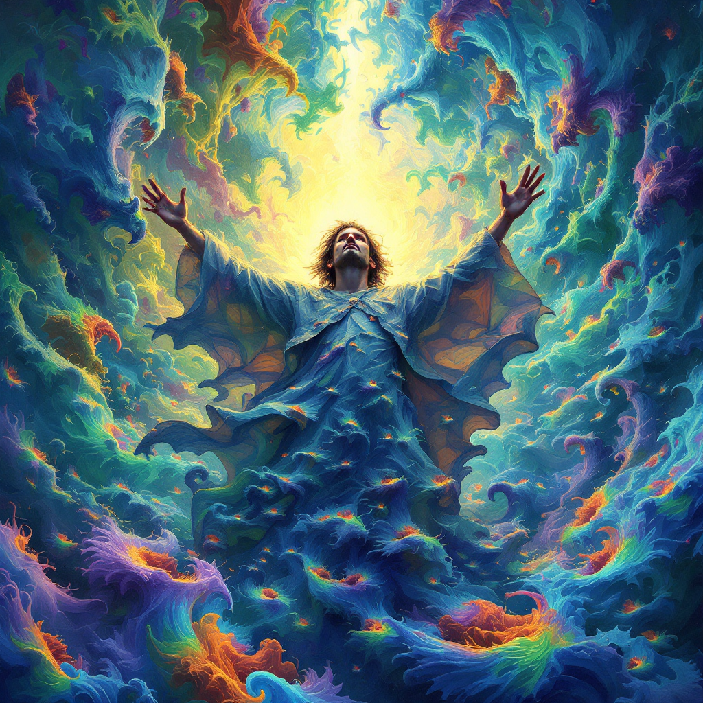 A figure stands with arms raised, surrounded by vibrant swirling colors and light, embodying a transformative journey and the message of overcoming victimhood.