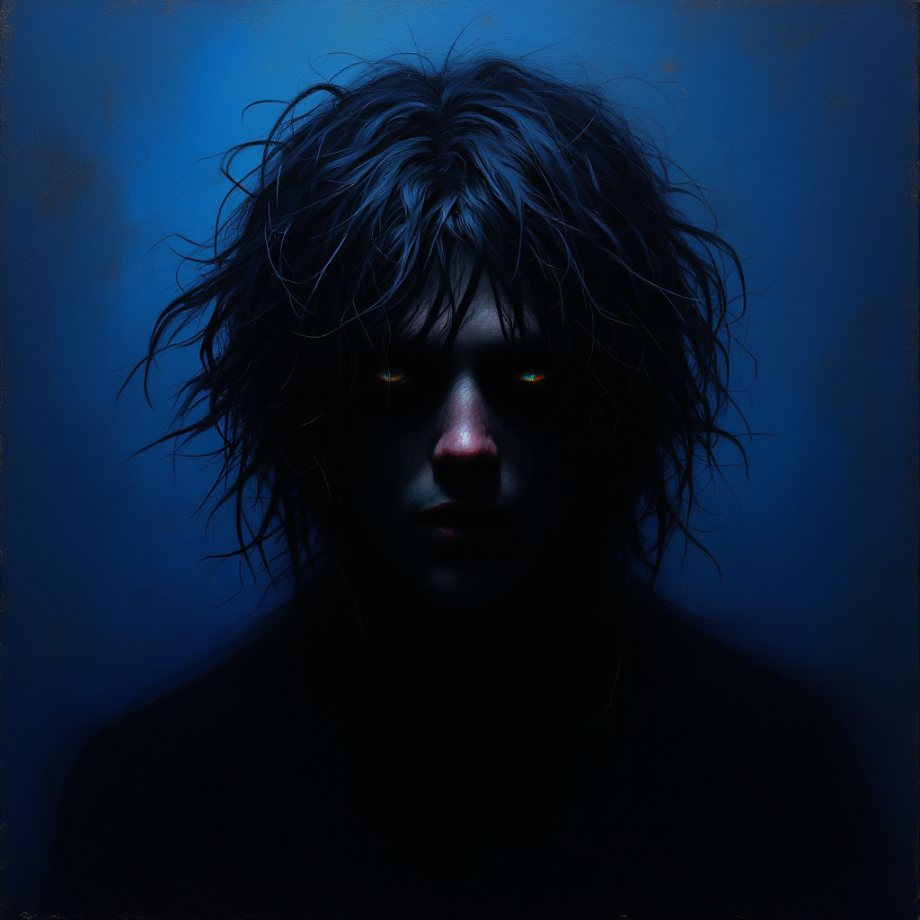 A shadowy figure with wild, unkempt hair and glowing eyes emerges against a deep blue background, embodying a sense of mystery and danger, reflecting the quote's warning.