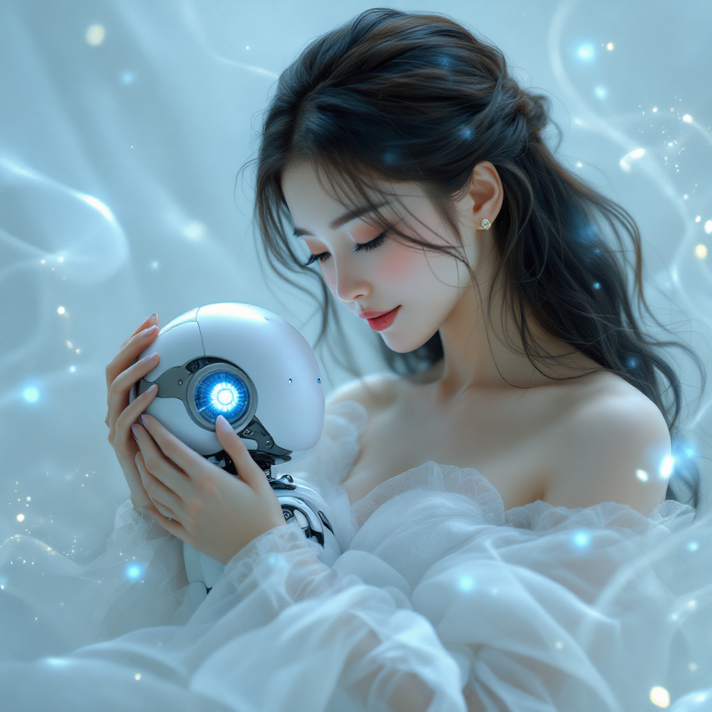 A serene woman, enveloped in soft fabric, tenderly cradles a small robot with a glowing blue light, reflecting the bond of mutual care expressed in the quote about looking after one another.