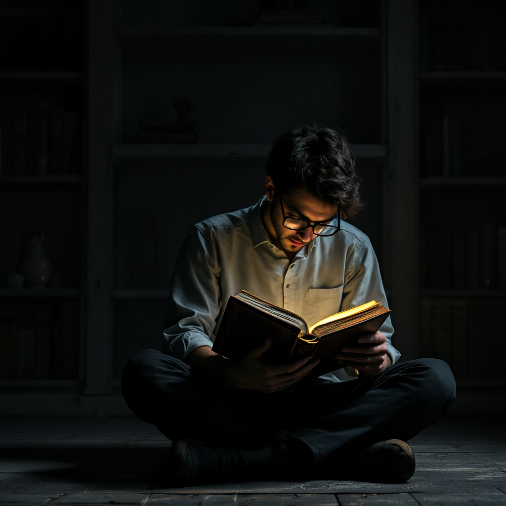 A young man sits on the floor in a dimly lit room, engrossed in a book. A soft glow illuminates his face and the pages, reflecting the theme of learning through challenge.