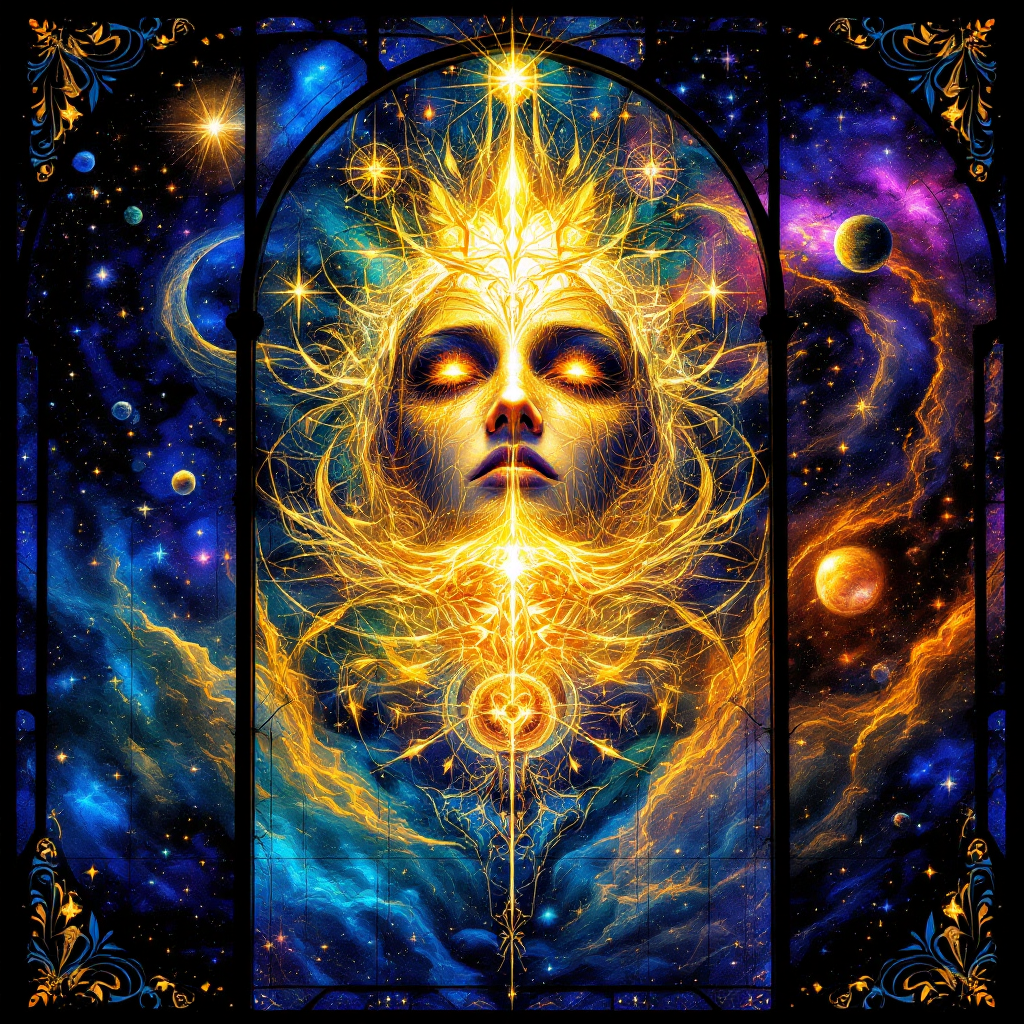 A cosmic face surrounded by vibrant galaxies and stars, radiating golden light, embodies the quote about perceiving the universe through the eyes of the Overlords.