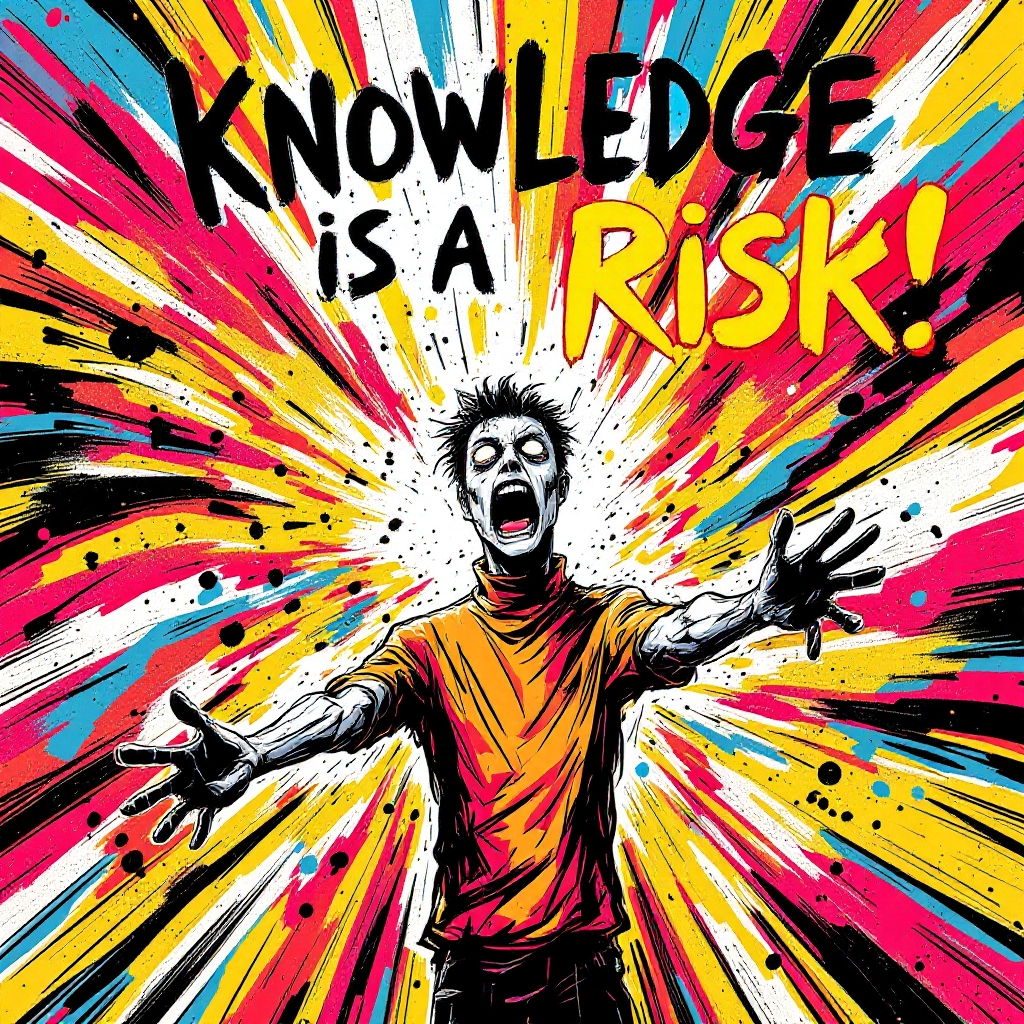 A vibrant, explosive illustration featuring a figure in a dynamic pose with a shocked expression, surrounded by colorful bursts, emphasizing the quote Knowledge is a risk!