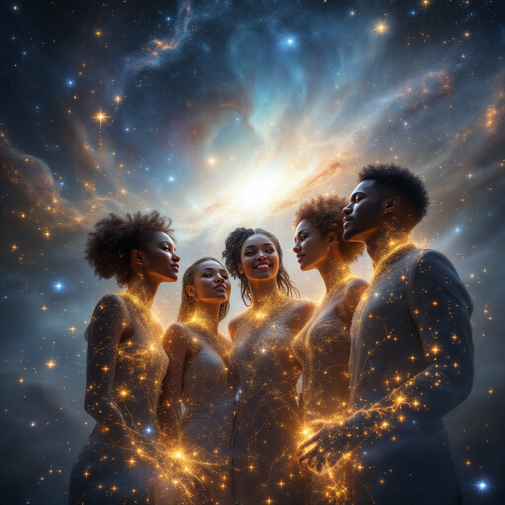 A celestial scene depicts five individuals surrounded by a luminous galaxy, embodying the quote about being made of stardust and interconnected through the universe.