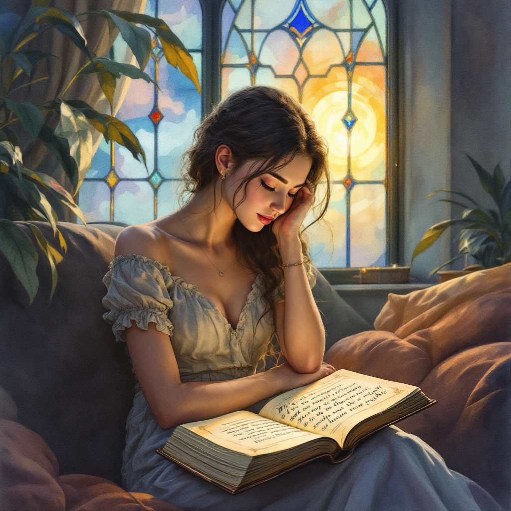 A woman in a soft, flowing dress sits near a stained-glass window, absorbed in a book. Warm sunlight filters through, evoking a sense of tranquility amidst the evening's approaching shadows.